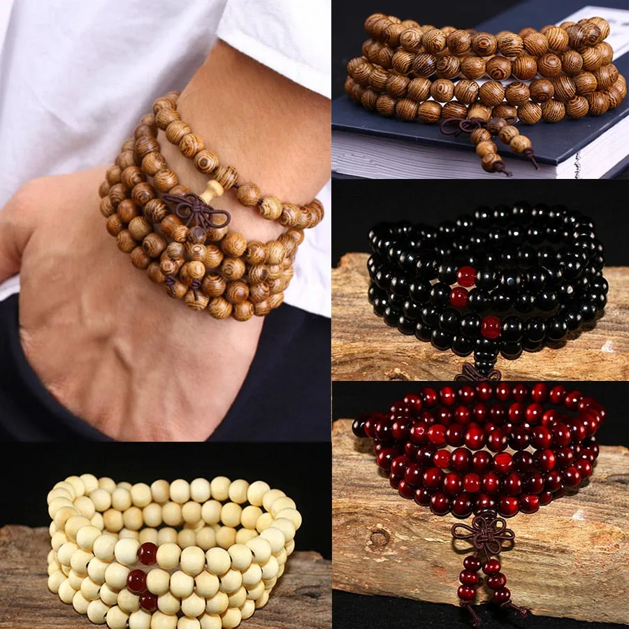 108 Wood Beads Lotus OM Tibetan Buddhist Mala