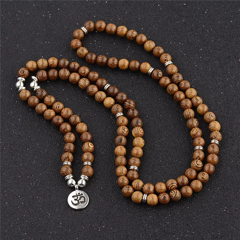 108 Wood Beads Lotus OM Tibetan Buddhist Mala