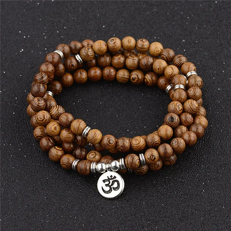 108 Wood Beads Lotus OM Tibetan Buddhist Mala