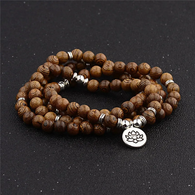 108 Wood Beads Lotus OM Tibetan Buddhist Mala