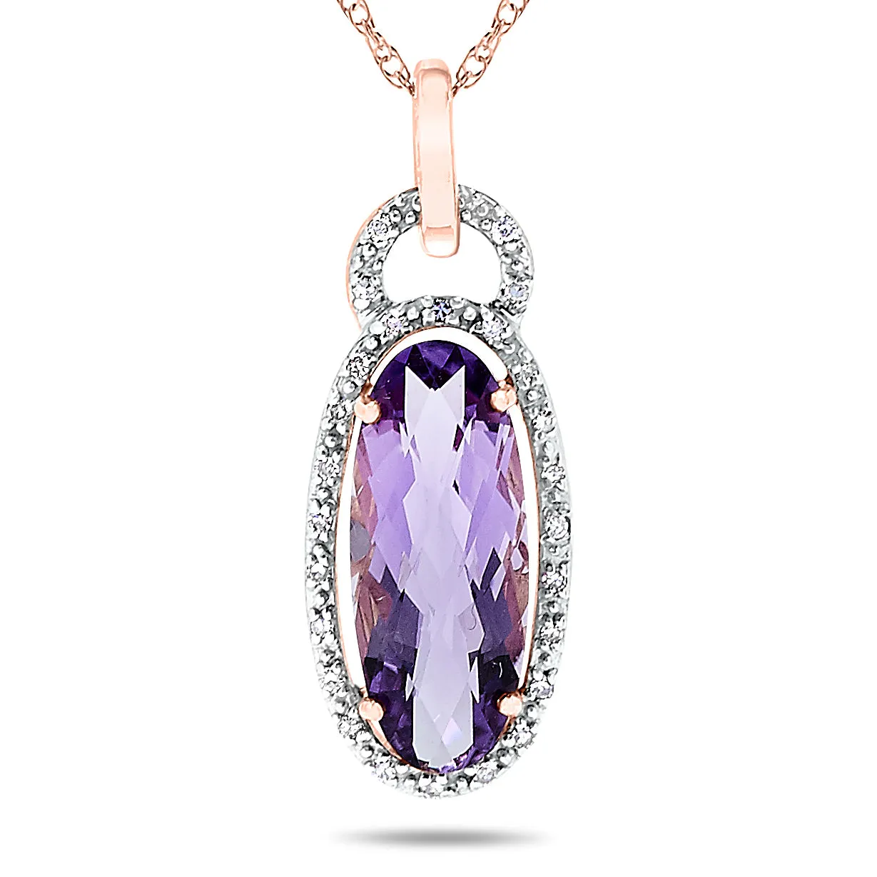 10k Rose Gold Long Purple Amethyst Oval and Diamond Halo Gemstone Pendant Necklace, Birthstone of February