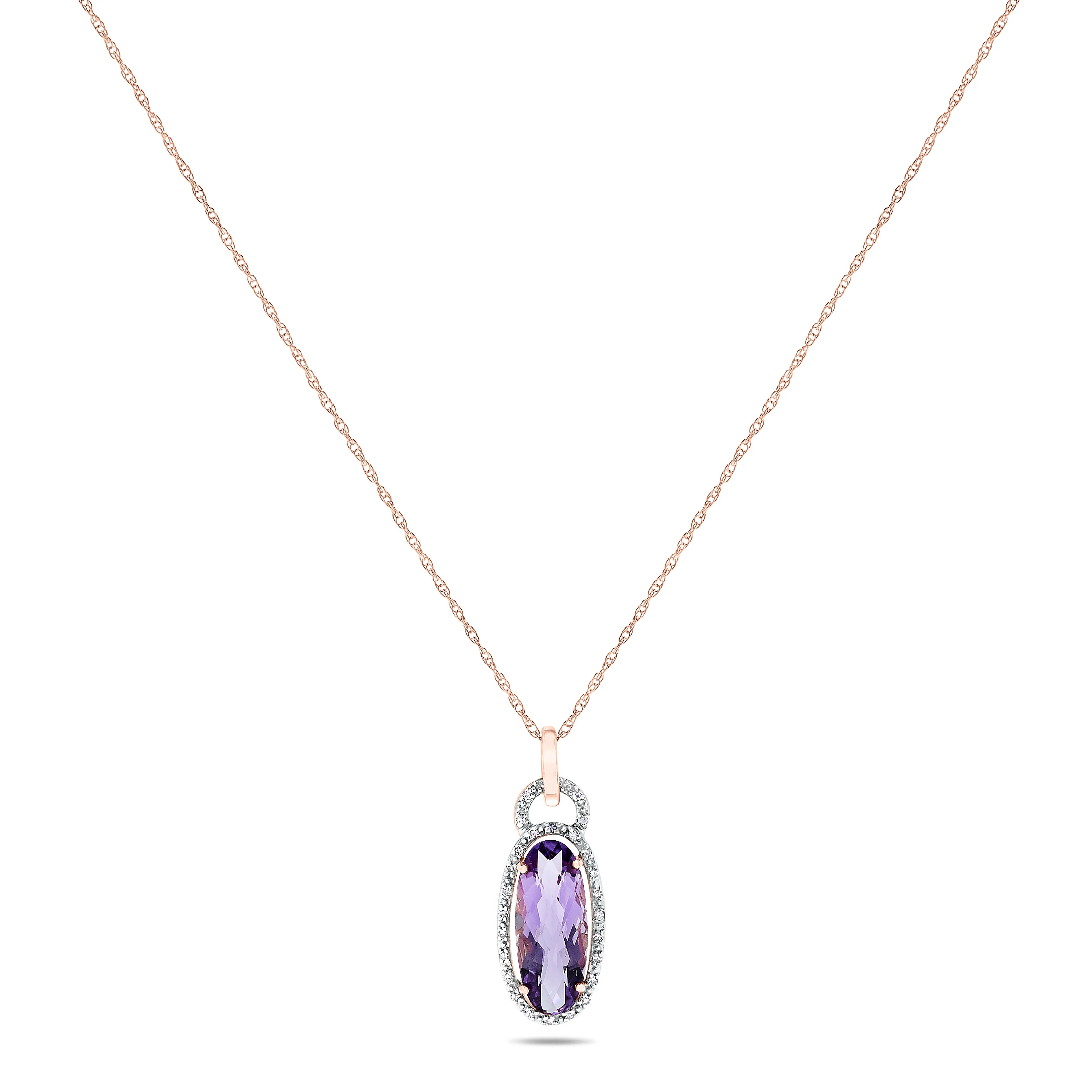 10k Rose Gold Long Purple Amethyst Oval and Diamond Halo Gemstone Pendant Necklace, Birthstone of February