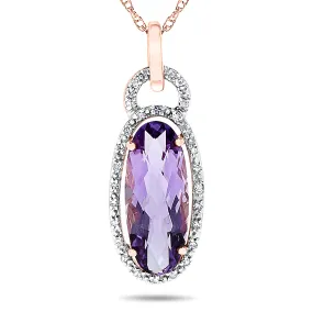 10k Rose Gold Long Purple Amethyst Oval and Diamond Halo Gemstone Pendant Necklace, Birthstone of February