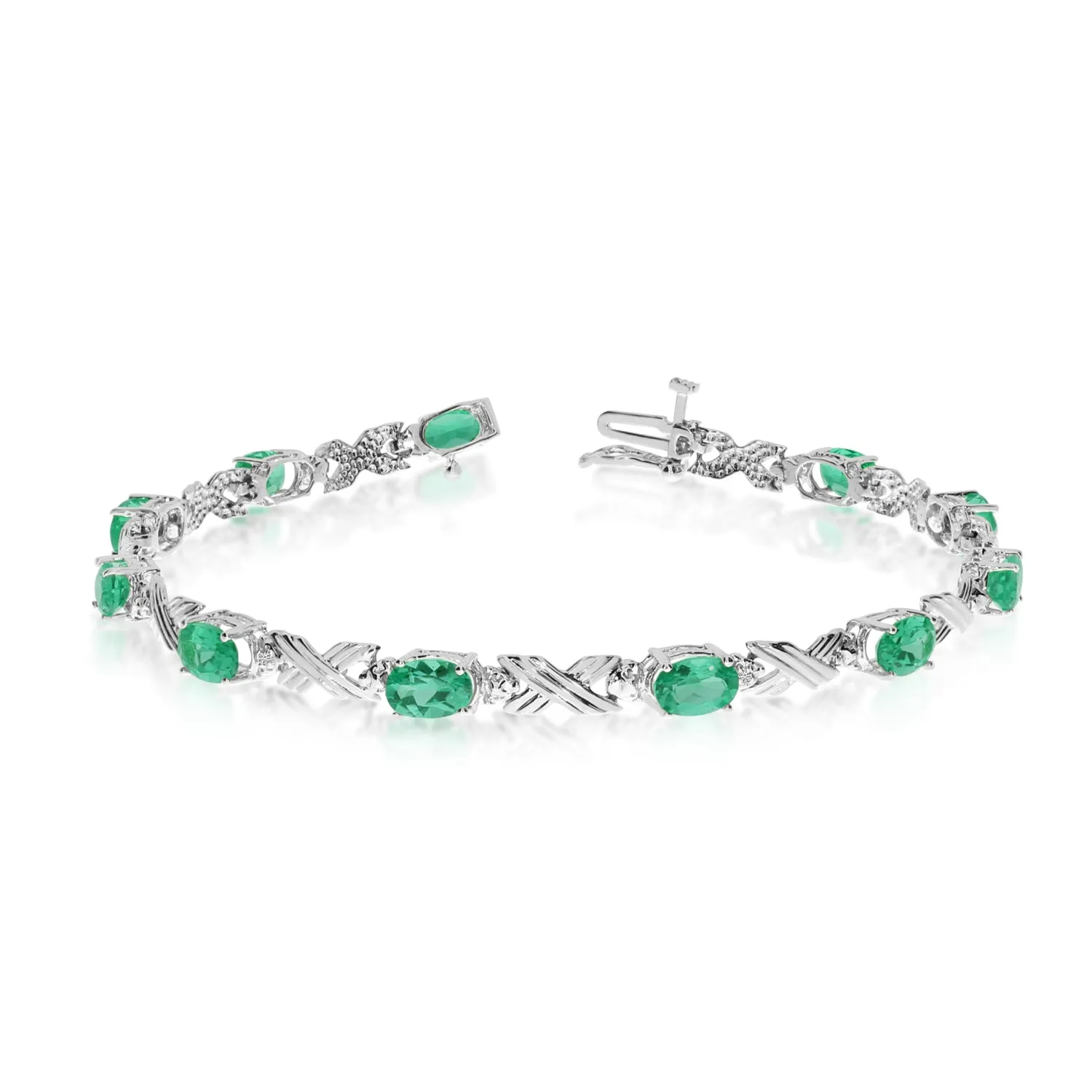 10K White Gold Oval Emerald Stones And Diamonds Tennis Bracelet, 7"