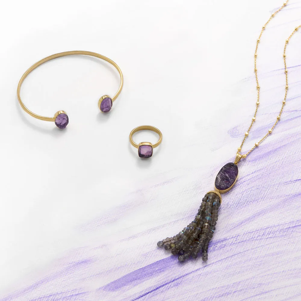 14 Karat Gold Plated Amethyst and Labradorite Tassel Necklace