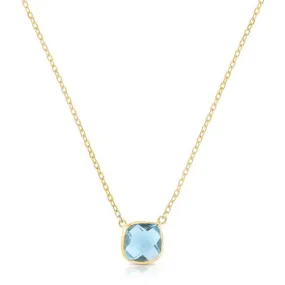 14K Gold Blue Topaz Cushion Solitiare Necklace