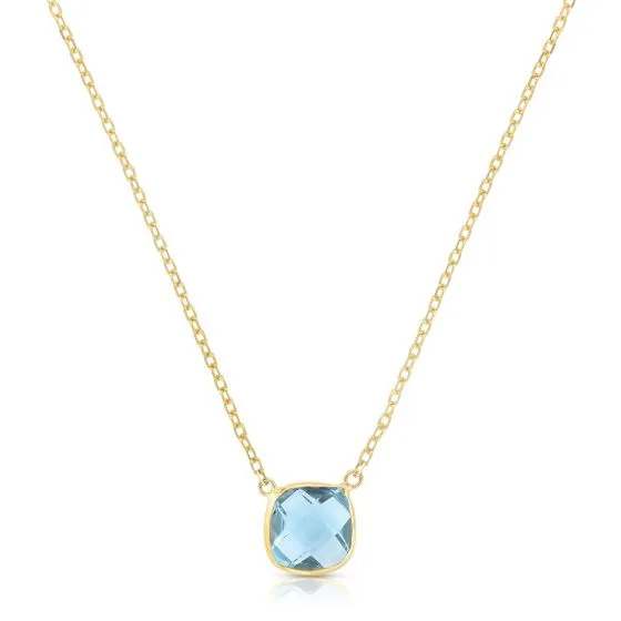 14K Gold Blue Topaz Cushion Solitiare Necklace