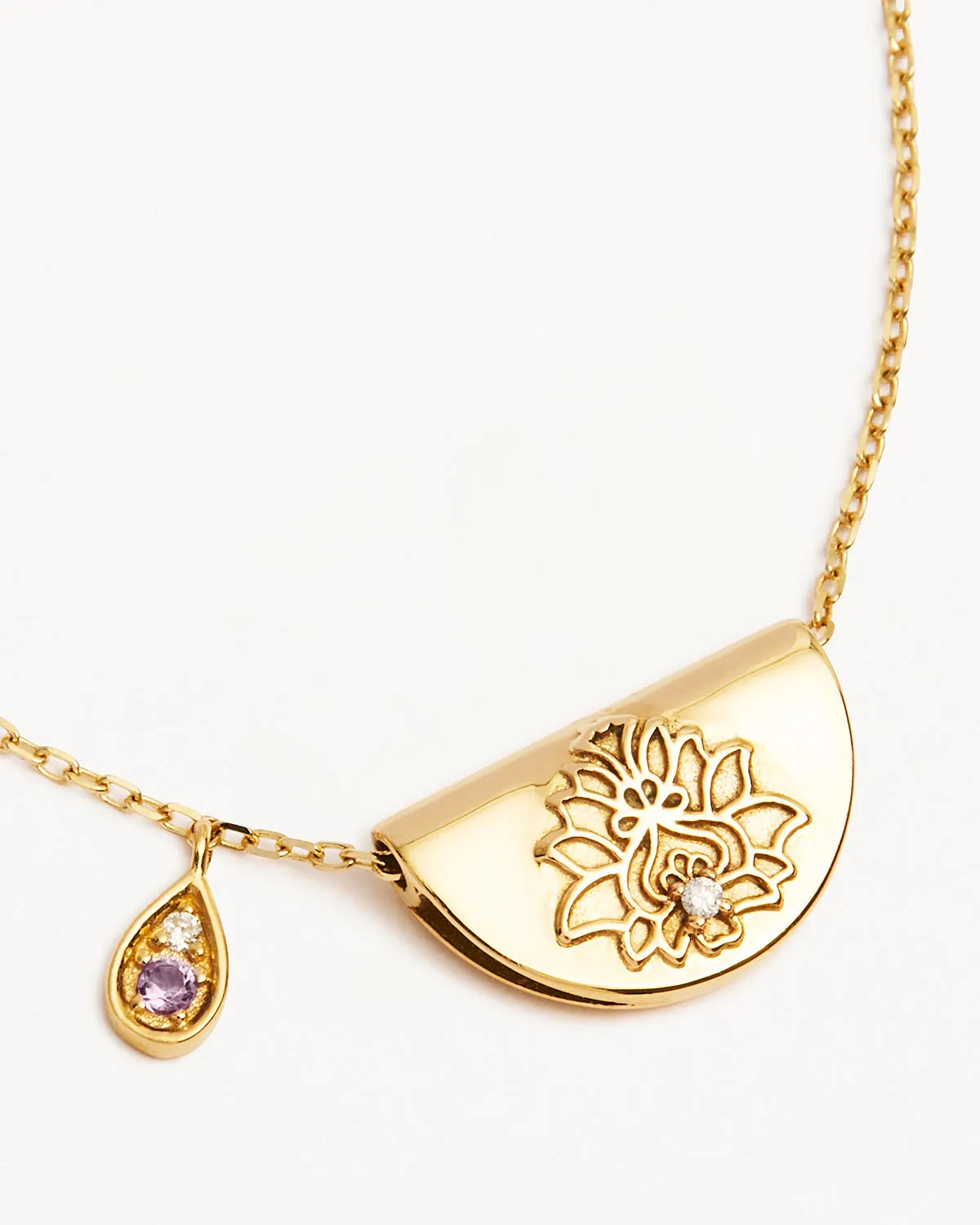 14k Solid Gold Lotus Birthstone Diamond Necklace - February - Amethyst