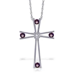 14K Solid White Gold Cross Necklace w/ Natural Diamond & Amethysts