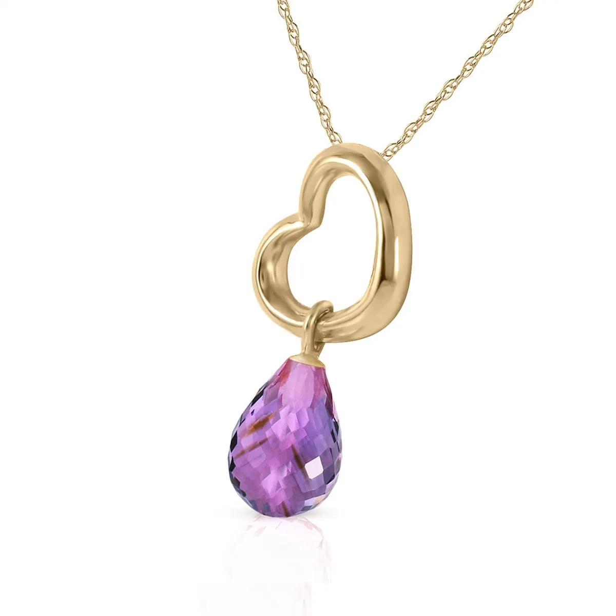 14K Solid Yellow Gold Heart Necklace w/ Dangling Natural Amethyst