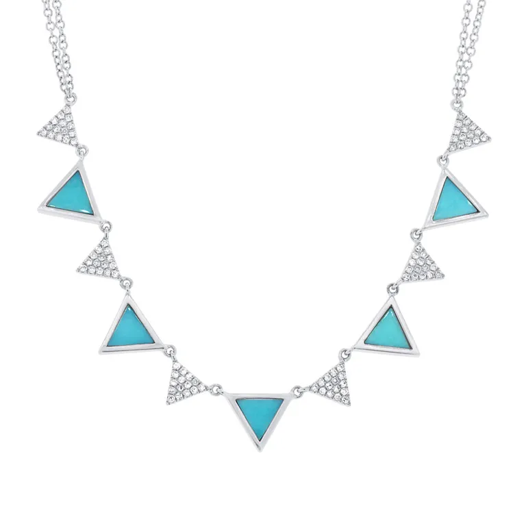 14K White Gold Diamond and Composite Turquoise Triangle Necklace