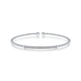 14K White Gold Diamond Pave Top Bead Open Cuff