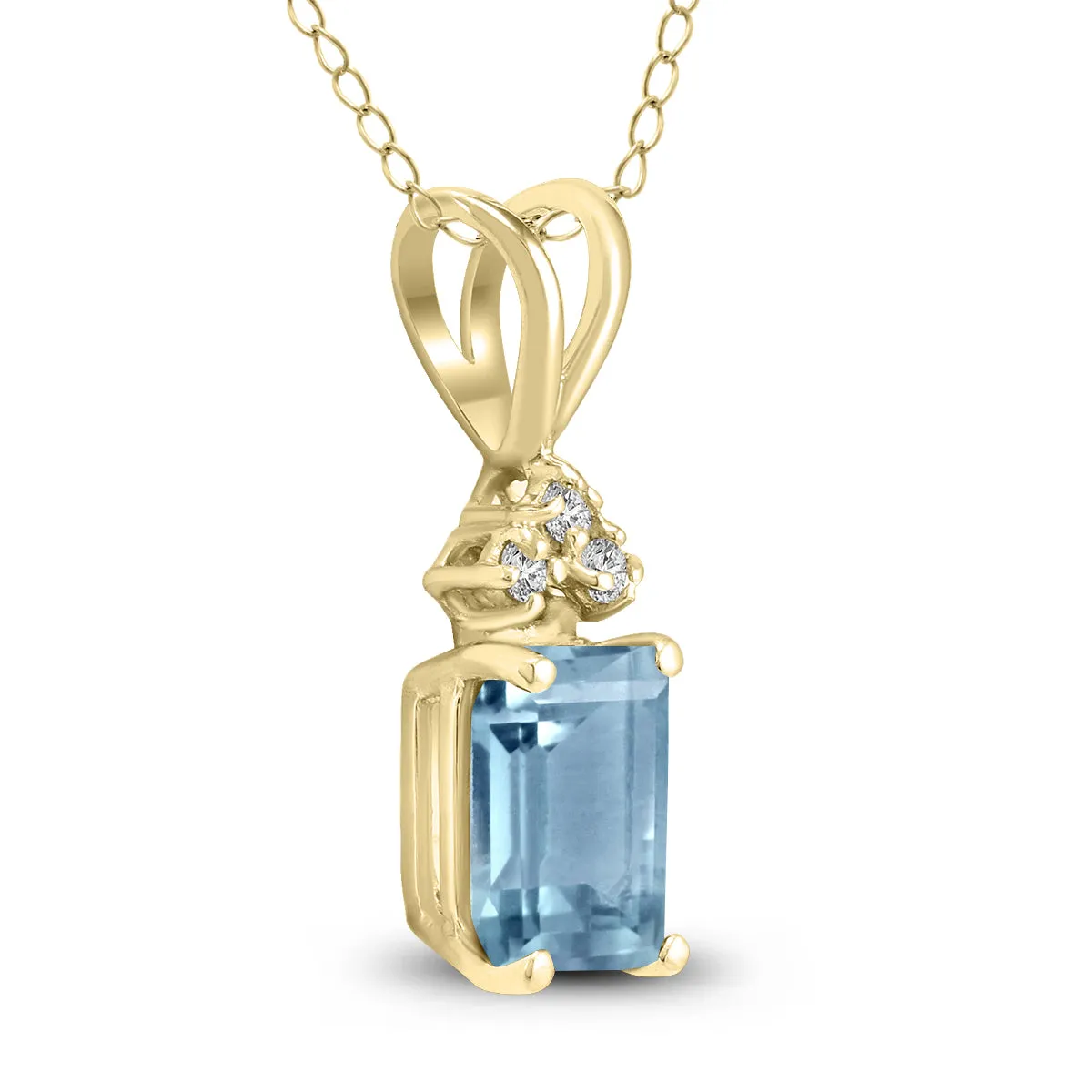 14K Yellow Gold 6X4Mm Emerald Shaped Aquamarine And Three Stone Diamond Pendant