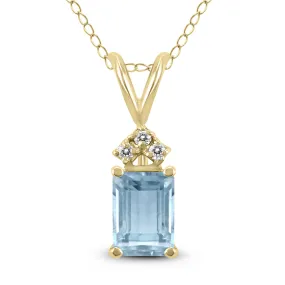 14K Yellow Gold 6X4Mm Emerald Shaped Aquamarine And Three Stone Diamond Pendant