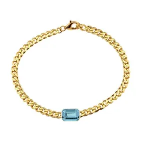 14K Yellow Gold Bezel Emerald Cut Blue Topaz Cuban Chain Bracelet