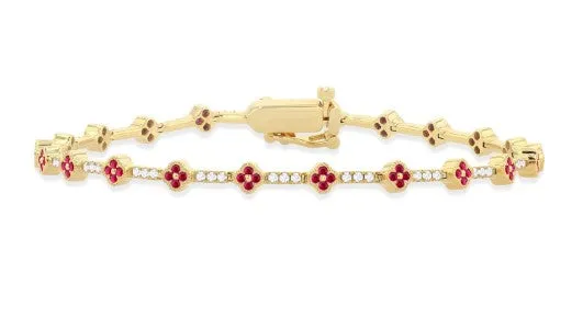 14K Yellow Gold Round Cut Rubies and Diamond Clover Bracelet, 0.50 Carat TW