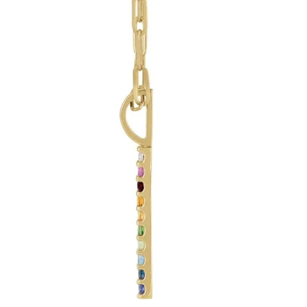 14K Yellow Natural Multi-Gemstone Rainbow Bar Pendant 1" Tall 18" Necklace