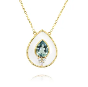 14K Yellow White Enamel, Aquamarine and Natural Diamond 18 inch Necklace