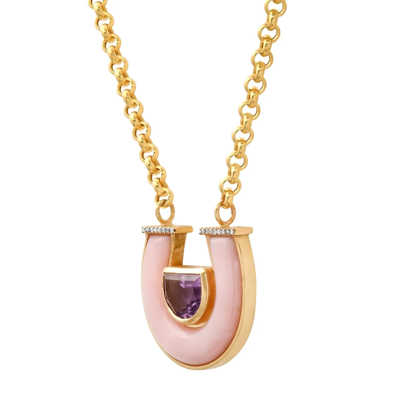 14K YG Jumbo Amethyst, Pink Opal and Diamond Horseshoe Necklace