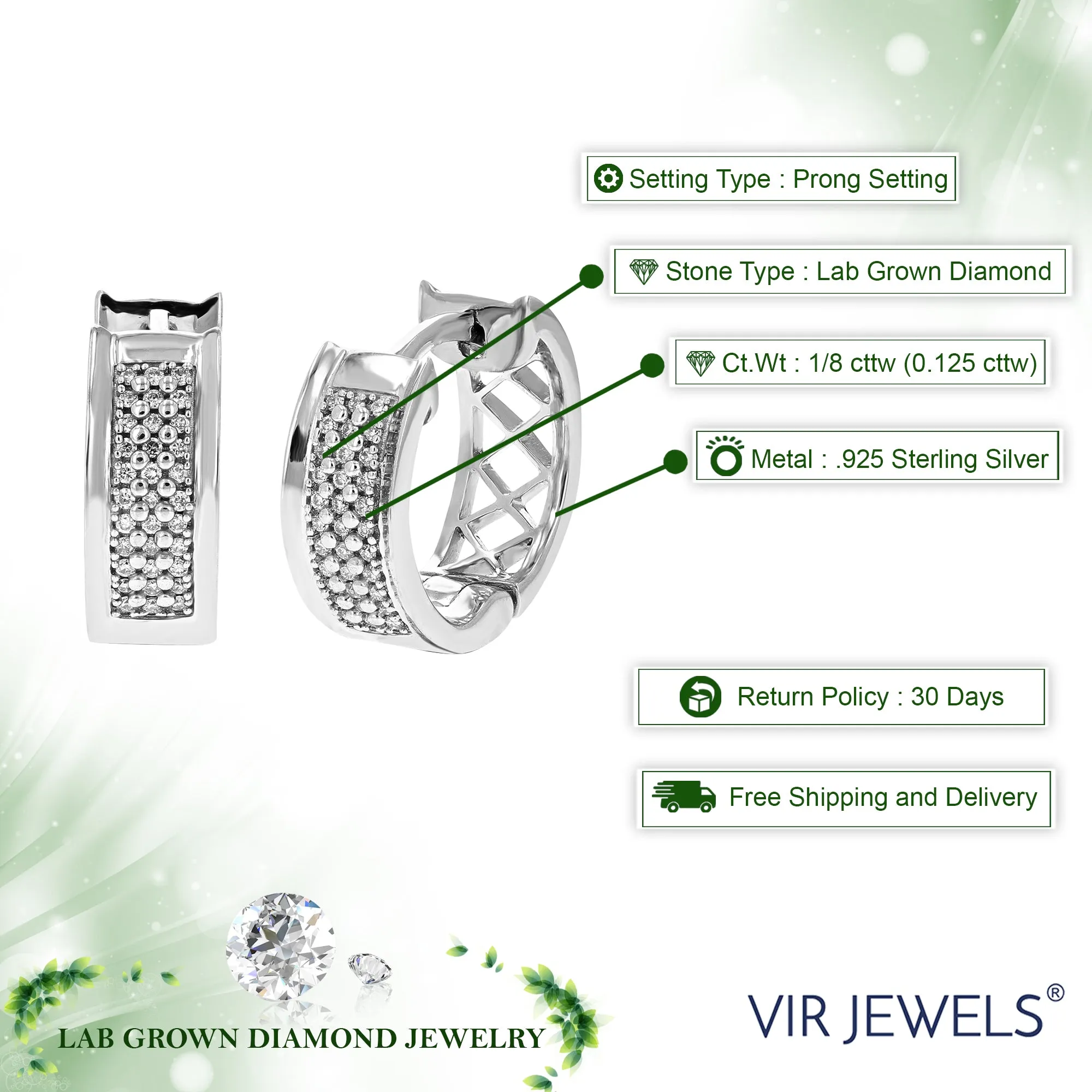 1/8 cttw Diamond Hoop Earrings for Women, Round Lab Grown Diamond Earrings in .925 Sterlinng Silver, Prong Setting, 1/2 Inch