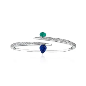 18k Amazonia (cocar) White Gold Bracelet/bangle With 0.73 Cts Vs-Gh Diamonds  And Sapphire And Emerald