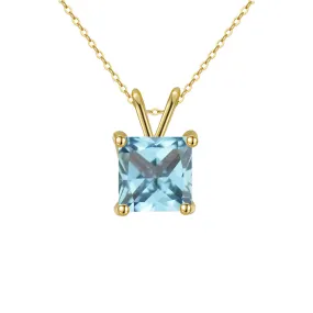 18K Yellow Gold 2 Carat Created Aquamarine Princess Stud Necklace Plated 18 inch