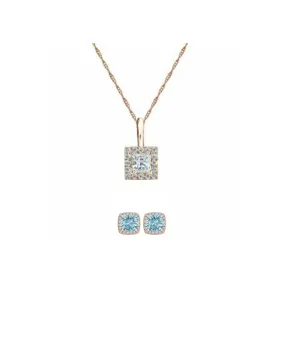 18K Yellow Gold 3ct Halo Aquamarine Square 18 Inch Necklace and Halo Earrings Set Plated