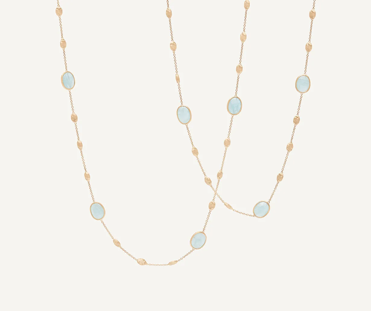 18K Yellow Gold Aquamarine & Gold Long Necklace, Small Bean