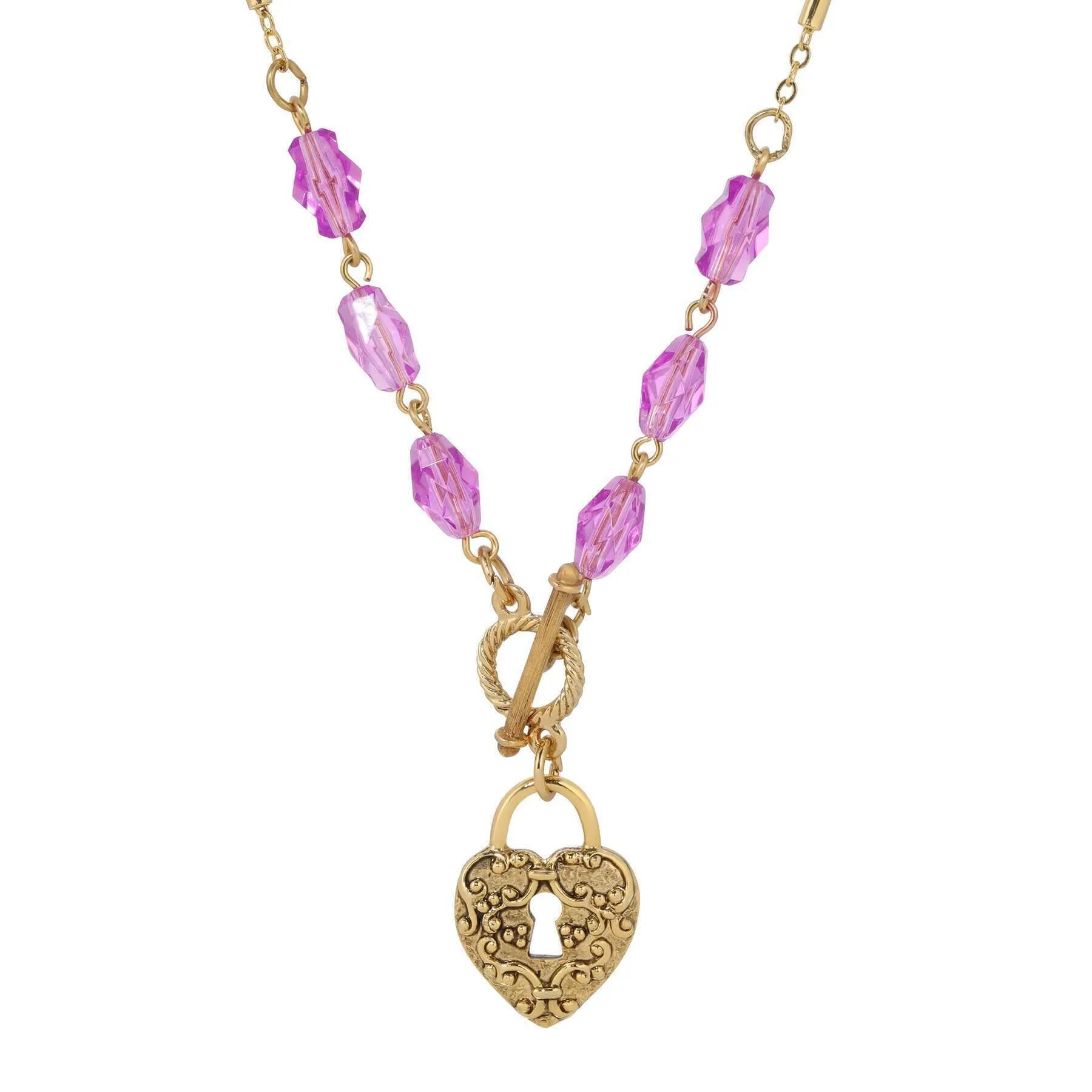 1928 Jewelry Amethyst Enigma Heart Padlock Pendant Toggle Necklace 18"