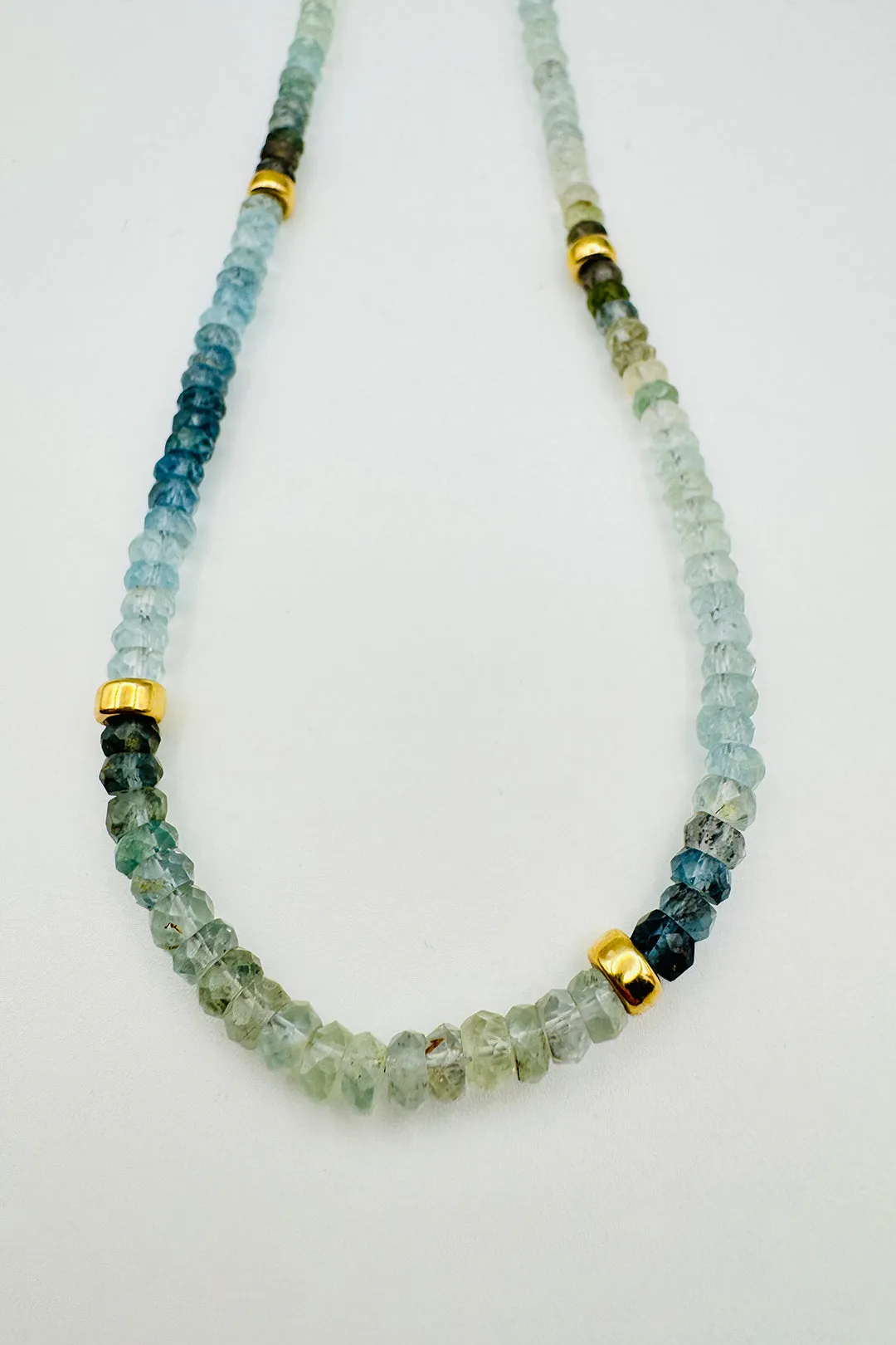 19" LARGE GRADIENT AQUAMARINE NECKLACE WITH GOLD SPACERS