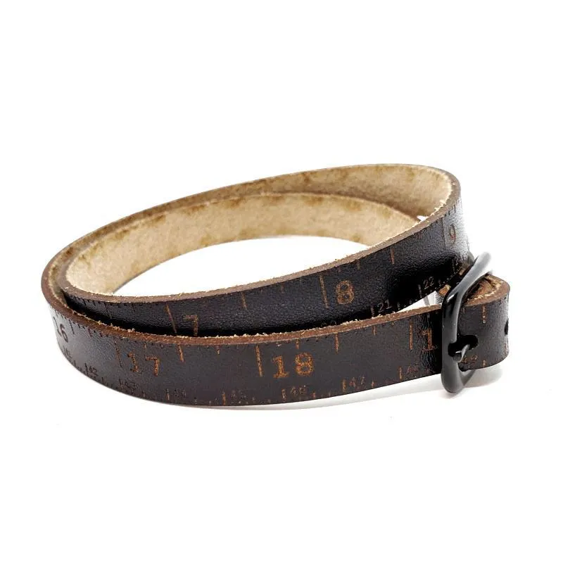 (20% Off) Bracelet - Lg - Double Wrap Black Leather Tape Measure (Oxidized Buckle) by Sandpoint Laser Works