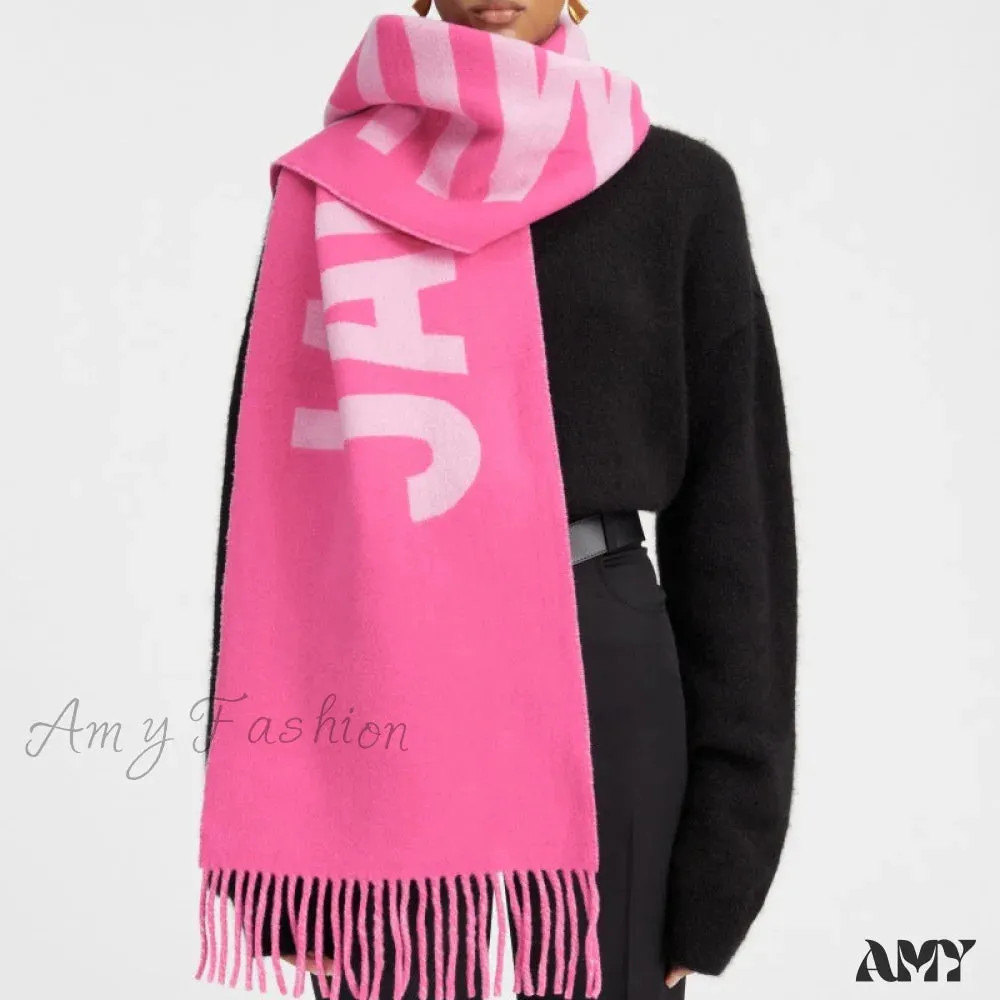 2024 New Wool Letter Jacquard Logo Fringe Unisex Warm Scarf