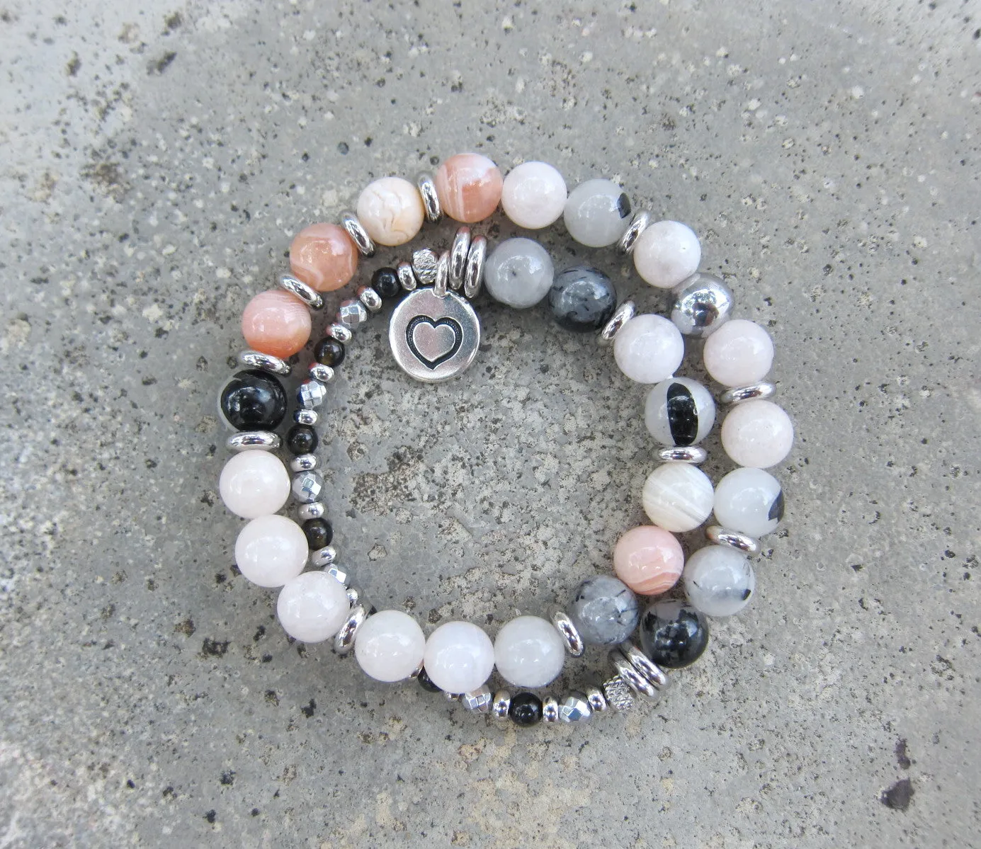 27 Bead Mala in Pink Morganite, Pink Lace Botswana Agate and Rutilated Quartz