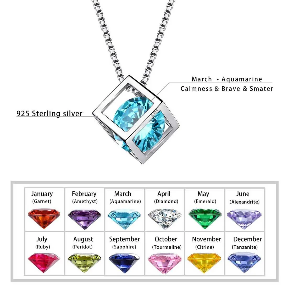 3D Cube Birthstone March Aquamarine Necklace Pendant Women Girls Jewelry Birthday Gift Sterling Silver