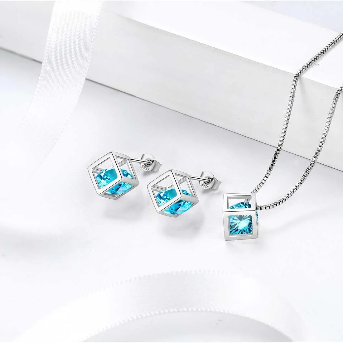 3D Cube Birthstone March Aquamarine Necklace Pendant Women Girls Jewelry Birthday Gift Sterling Silver