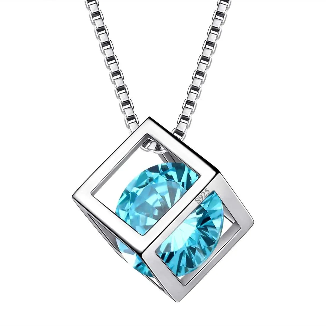 3D Cube Birthstone March Aquamarine Necklace Pendant Women Girls Jewelry Birthday Gift Sterling Silver