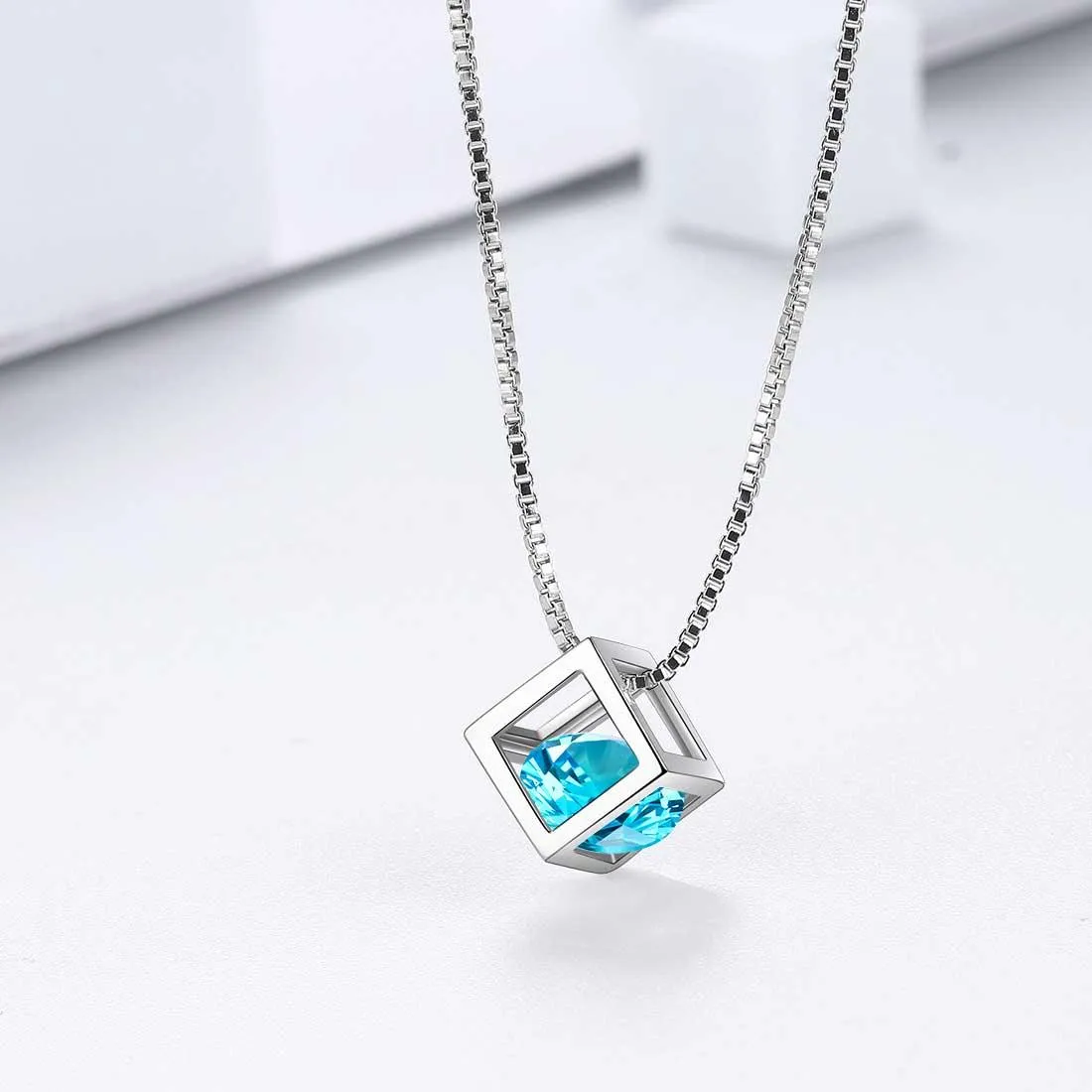 3D Cube Birthstone March Aquamarine Necklace Pendant Women Girls Jewelry Birthday Gift Sterling Silver