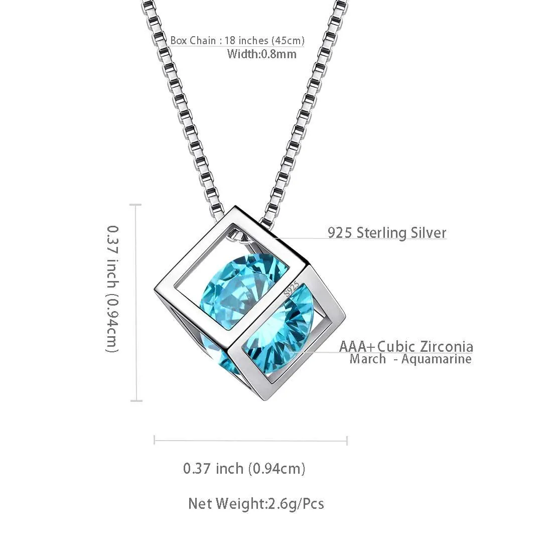 3D Cube Birthstone March Aquamarine Necklace Pendant Women Girls Jewelry Birthday Gift Sterling Silver