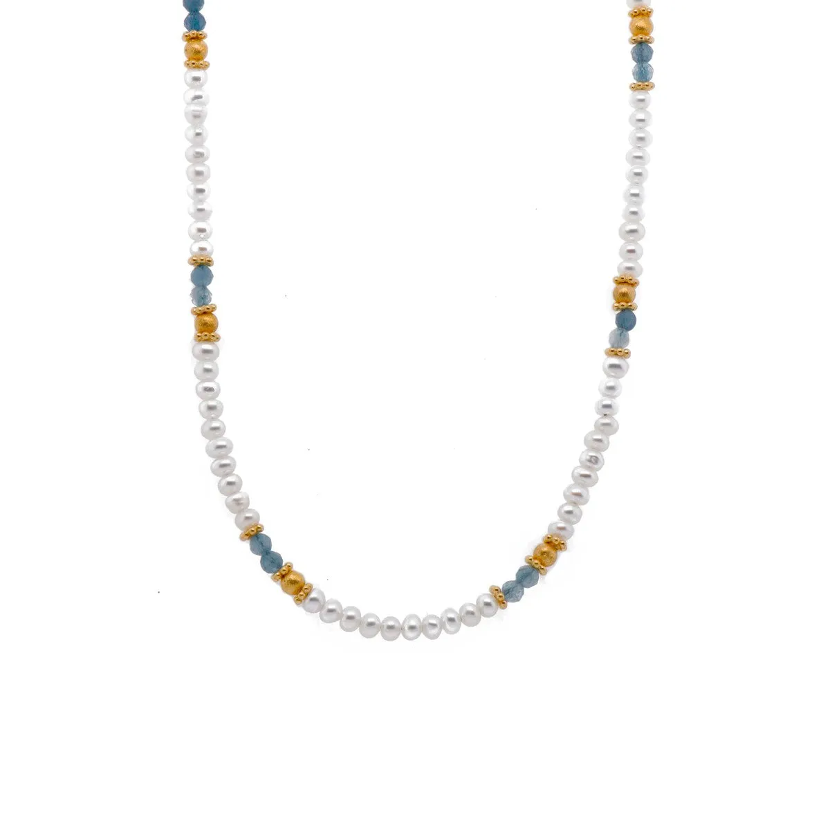 3mm Pearl White, Aquamarine 24K Gold Vermeil Necklace