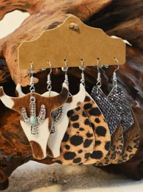 3pairs/Set Western-Style Alloy Earrings With Turquoise, Velvet, Imitation Leather, Leopard Print, Cow Print, Multi-Layered Grit And Shiny Glitter, Suitable For Women