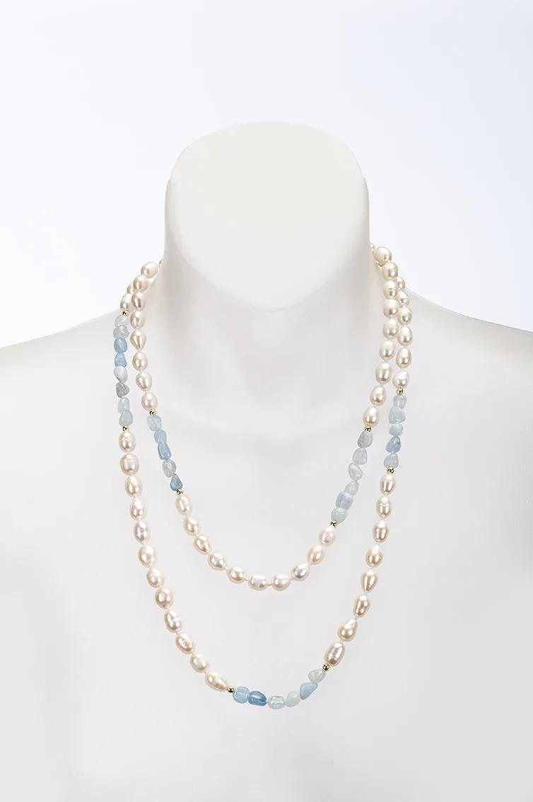 43” Aquamarine and Freshwater Baroque Pearl Necklace