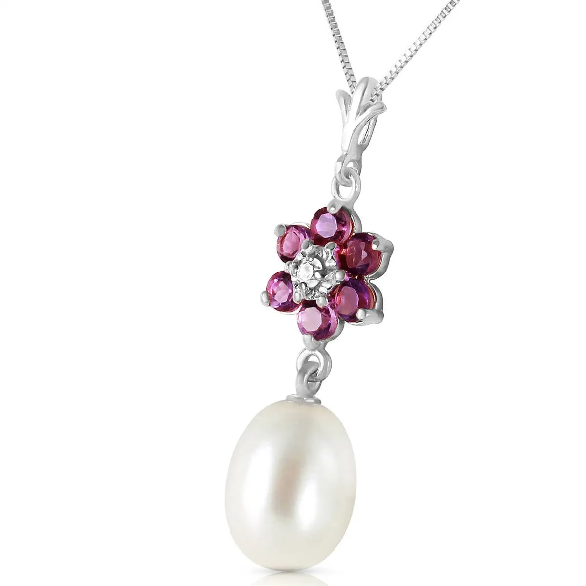 4.53 Carat 14K Solid White Gold Necklace Natural Pearl, Amethyst Diamond