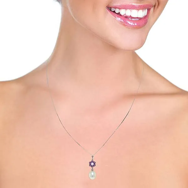 4.53 Carat 14K Solid White Gold Necklace Natural Pearl, Amethyst Diamond