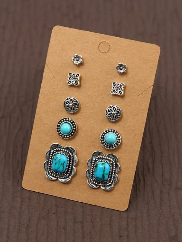 5pairs/Set Western Cowboy Style Metallic Antique Silver Earrings & Ear Studs With Bull, Cactus, Turquoise Design For Women, Girls, Travel Gift