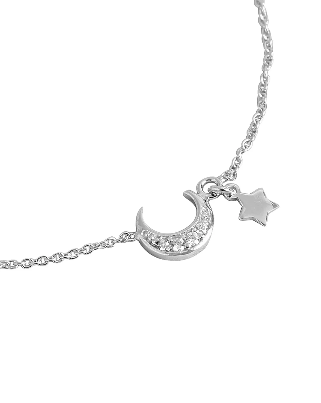 925 Sterling Silver Women Rhodium Plated With Cz Moon & Stars Charm Bracelet Adjustable