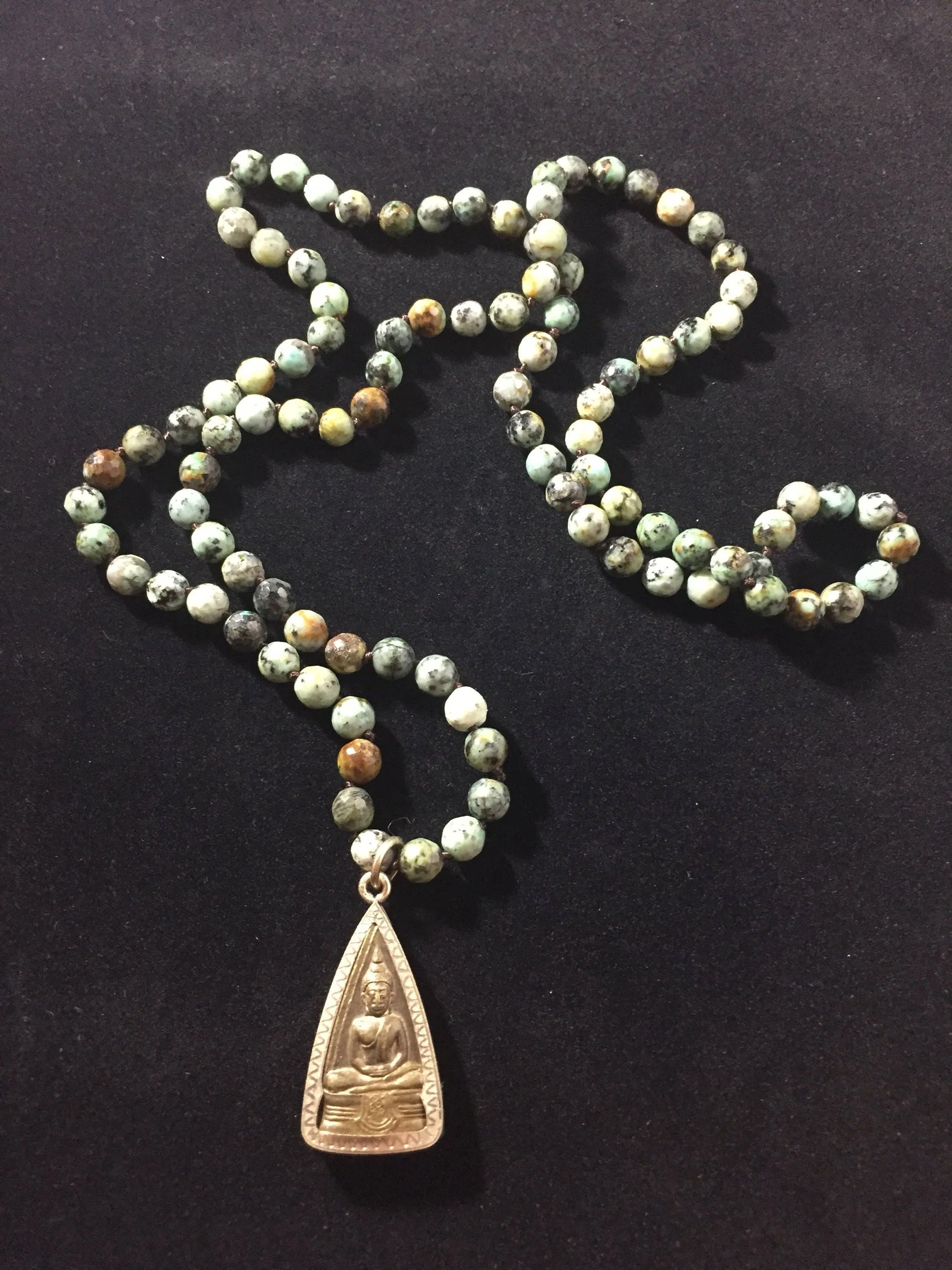 African Turquoise Buddha Pendant Prayer Bead Mala Necklace Gift for Him or Her