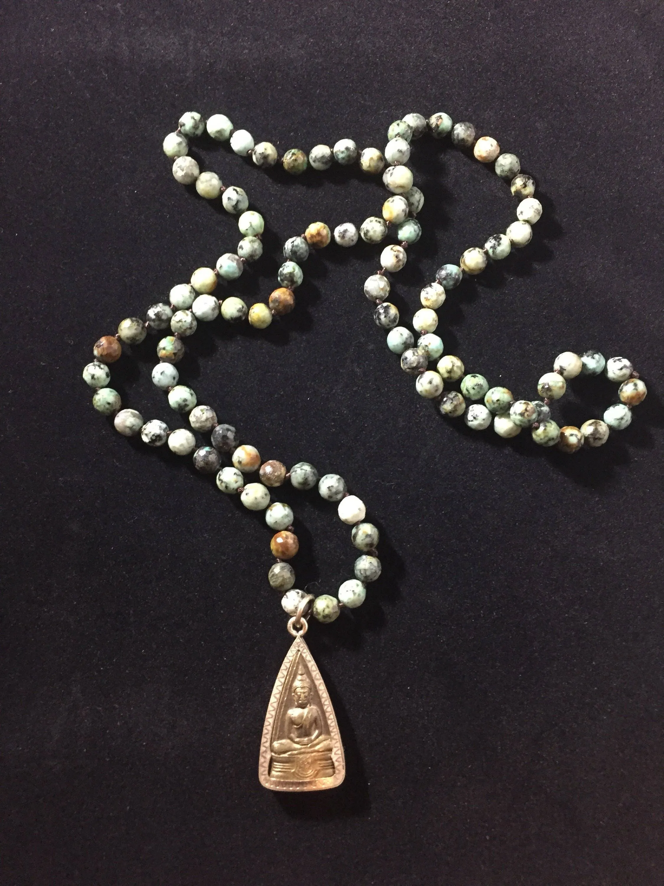 African Turquoise Buddha Pendant Prayer Bead Mala Necklace Gift for Him or Her