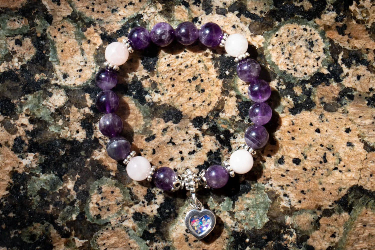 Amethyst and Rose Quartz Healing Bracelet with Cremation Ashes