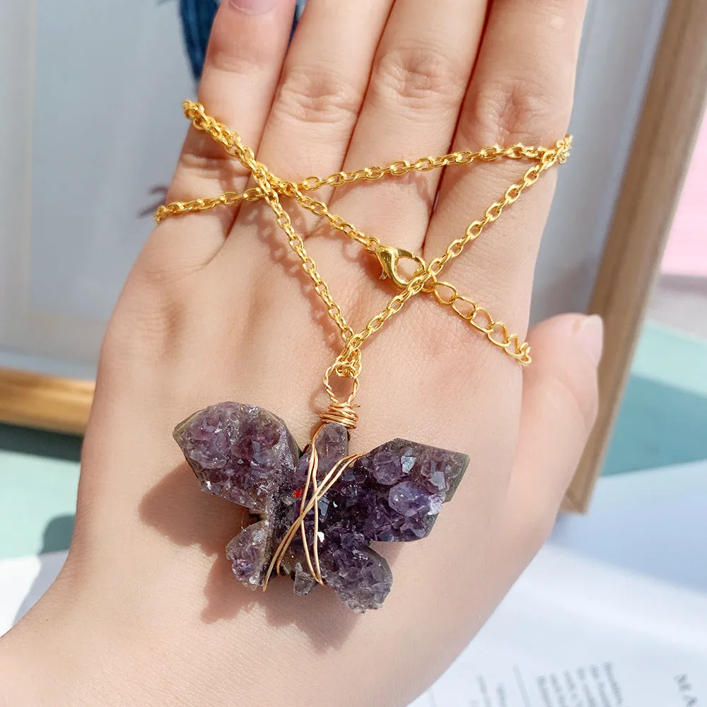 Amethyst Cluster Butterfly Necklace Pendant