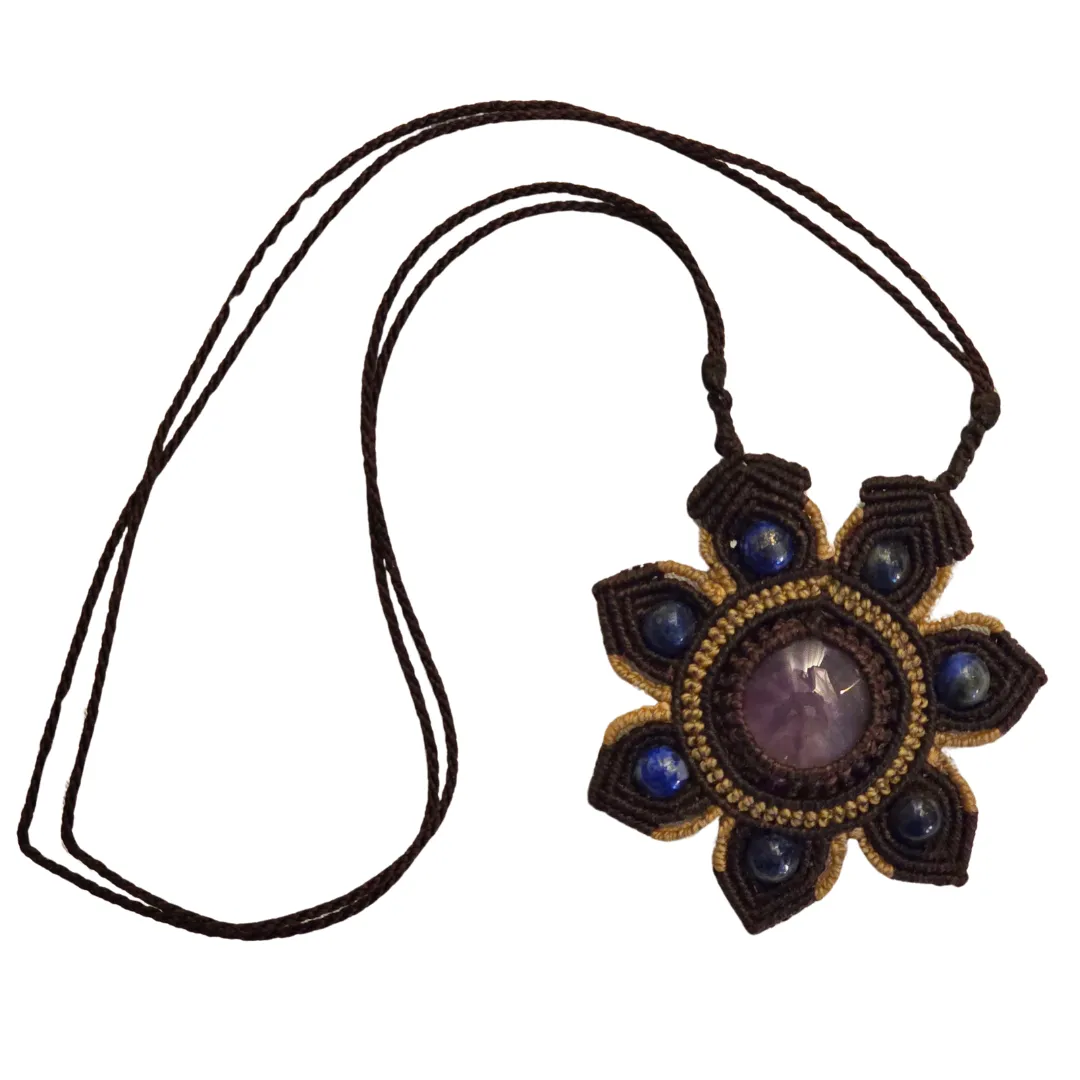 Amethyst crystal macrame flower necklace from the Peruvian Amazon